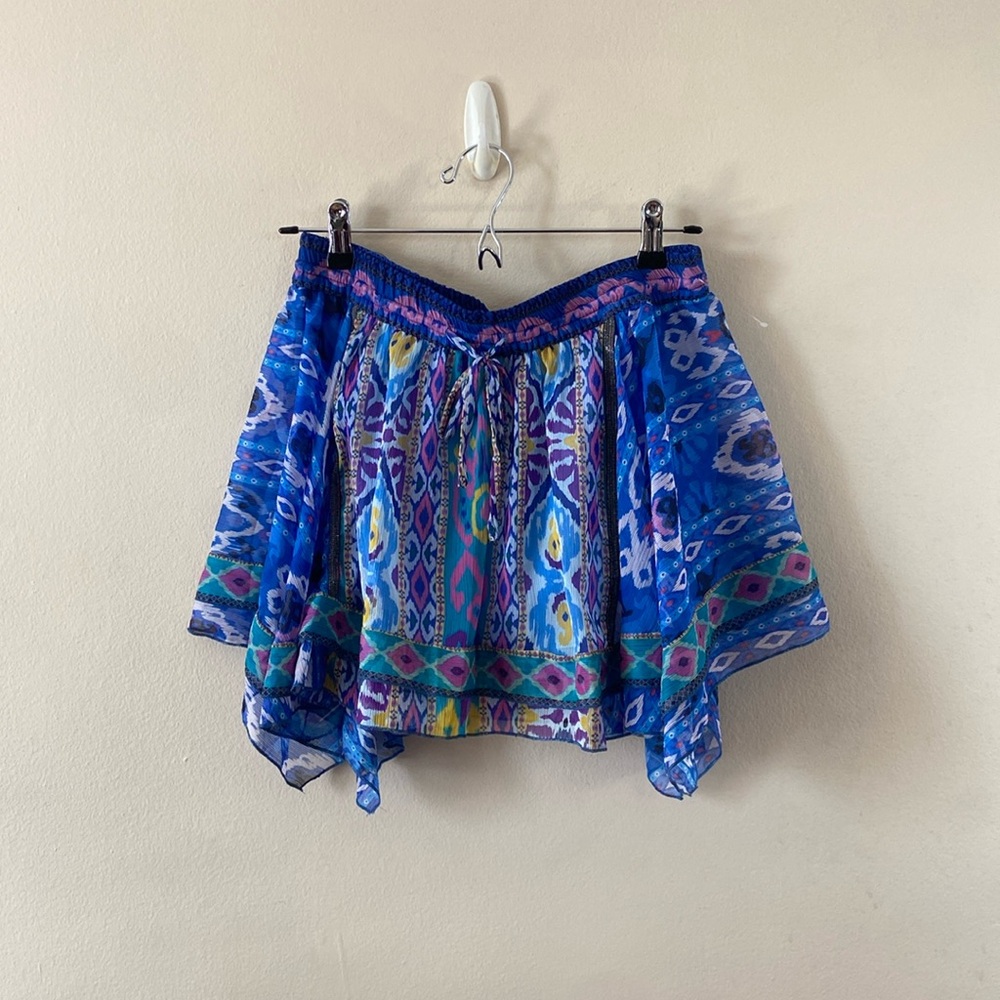 Zara Blue Tribal Print Asymmetrical Mini Skirt Boho Festival Sheer Flowy Small